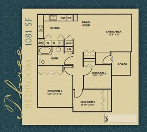 Floor plan for 3 beds, 1 bath, 1081 sqft