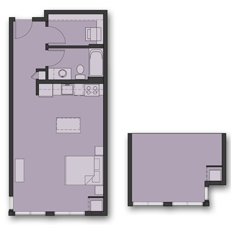 Floor plan for studio, 1 bath, 566 sqft