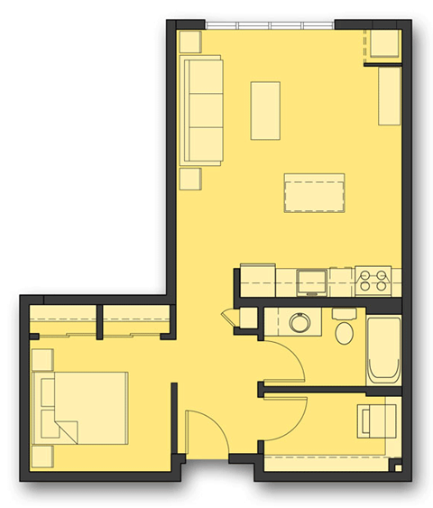 Floor plan for studio, 1 bath, 638 sqft