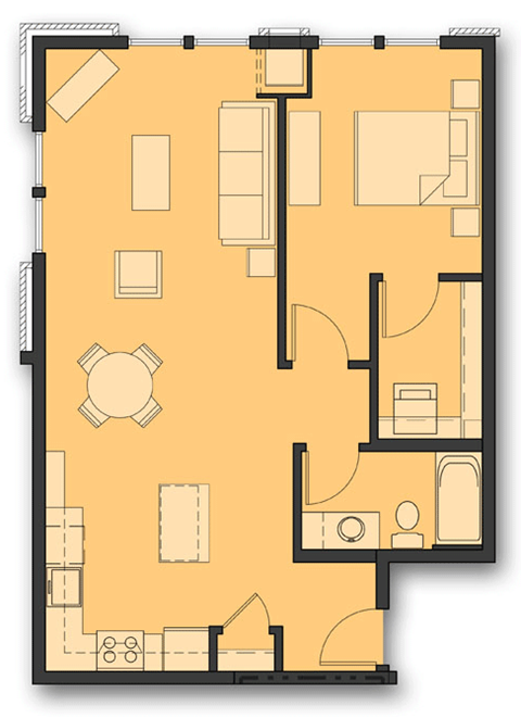 Floor plan for 1 bed, 1 bath, 807 sqft