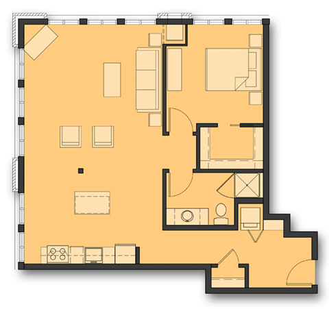 Floor plan for 1 bed, 1 bath, 937 sqft