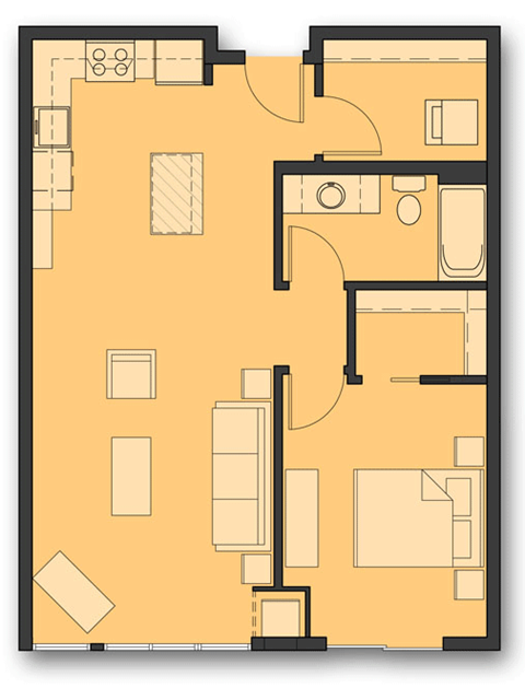 Floor plan for 1 bed, 1 bath, 762 sqft