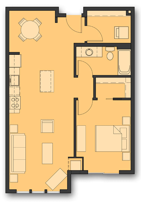 Floor plan for 1 bed, 1 bath, 808 sqft