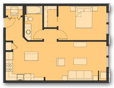 Floor plan for 1 bed, 1 bath, 753 sqft