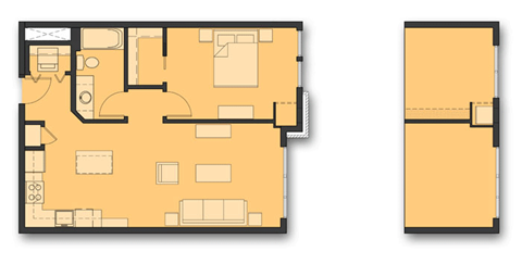 Floor plan for 1 bed, 1 bath, 723 sqft