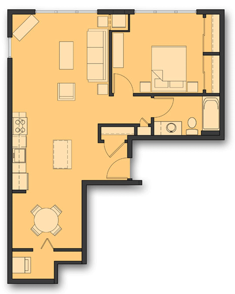 Floor plan for 1 bed, 1 bath, 763 sqft
