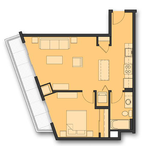 Floor plan for 1 bed, 1 bath, 675 sqft