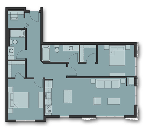 Floor plan for 2 beds, 2 baths, 1136 sqft