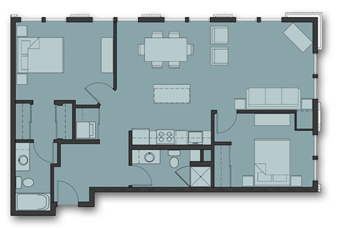 Floor plan for 2 beds, 2 baths, 1101 sqft