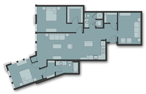 Floor plan for 2 beds, 2 baths, 1401 sqft