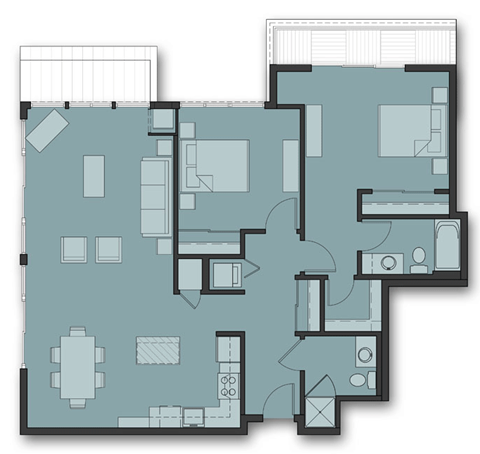 Floor plan for 2 beds, 2 baths, 1281 sqft