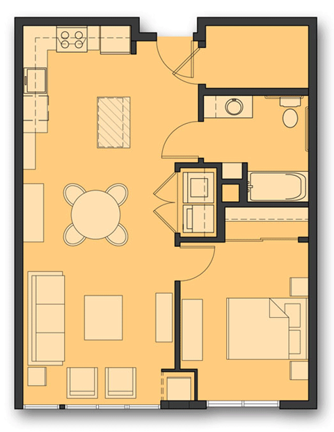 Floor plan for 1 bed, 1 bath, 762 sqft