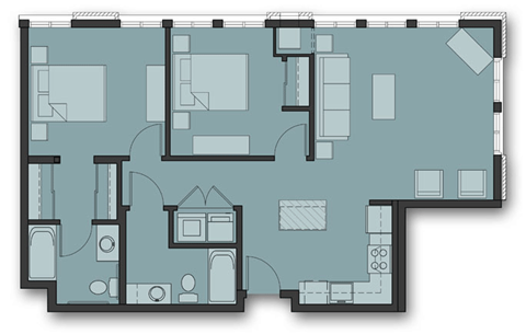 Floor plan for 2 beds, 2 baths, 1003 sqft