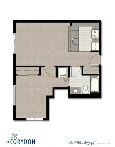 Floor plan for 1 bed, 1 bath, 627 sqft