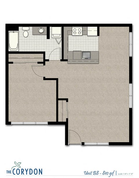 Floor plan for 1 bed, 1 bath, 778 sqft