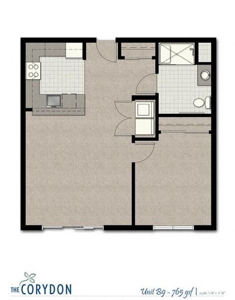Floor plan for 1 bed, 1 bath, 763 sqft