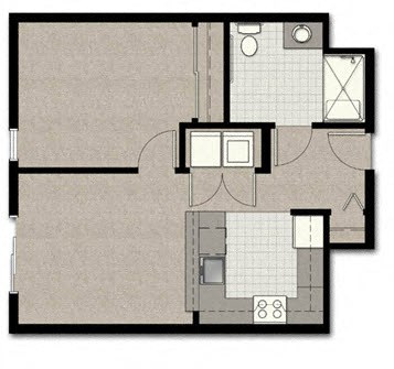 Floor plan for 1 bed, 1 bath, 654 sqft
