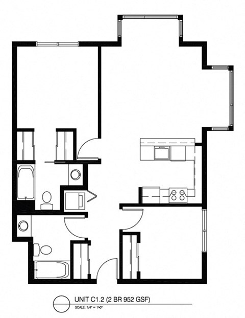 Floor plan for 2 beds, 2 baths, 952 sqft