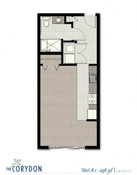 Floor plan for studio, 1 bath, 505 sqft