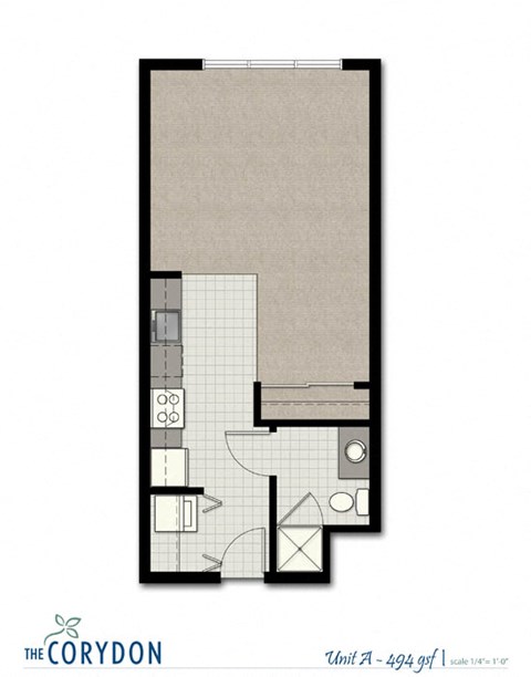 Floor plan for studio, 1 bath, 494 sqft