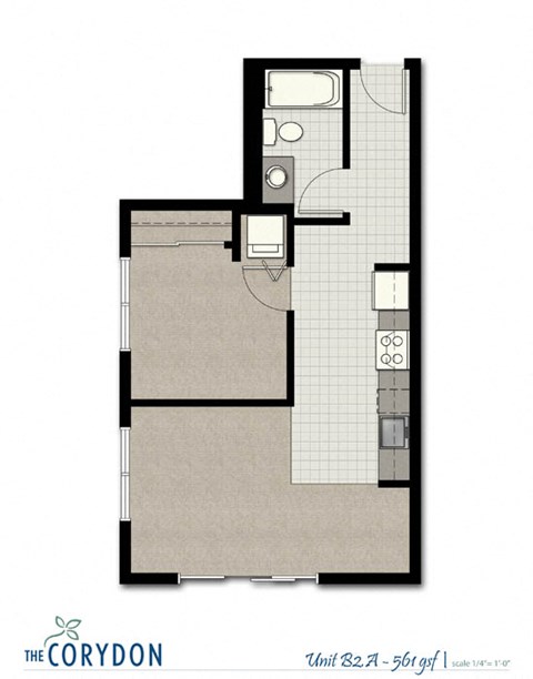 Floor plan for 1 bed, 1 bath, 561 sqft
