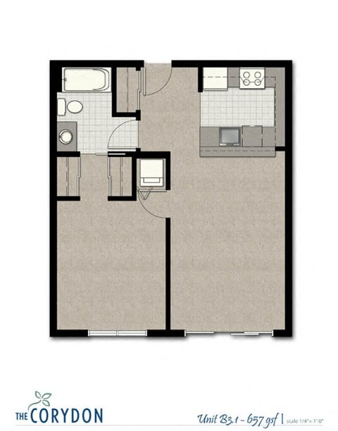 Floor plan for 1 bed, 1 bath, 657 sqft