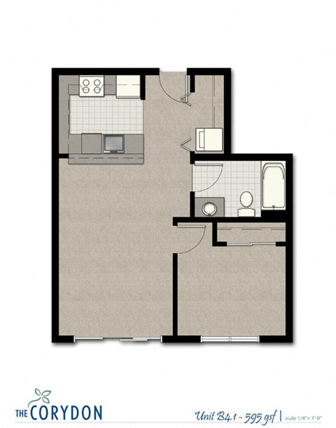 Floor plan for 1 bed, 1 bath, 595 sqft