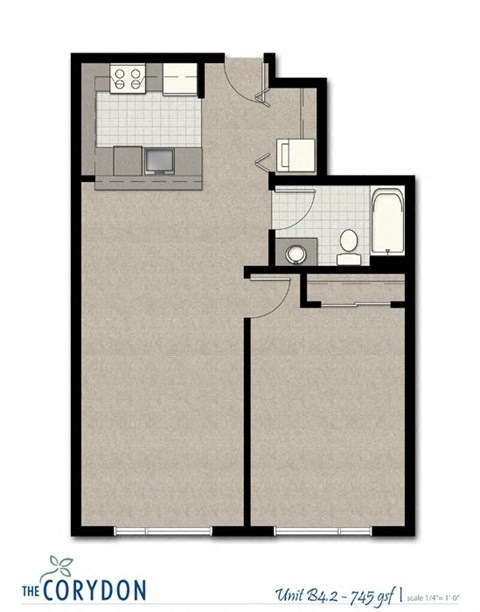 Floor plan for 1 bed, 1 bath, 745 sqft