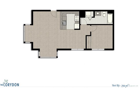 Floor plan for 1 bed, 1 bath, 787 sqft