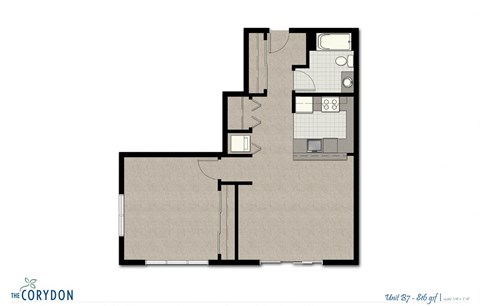 Floor plan for 1 bed, 1 bath, 830 sqft