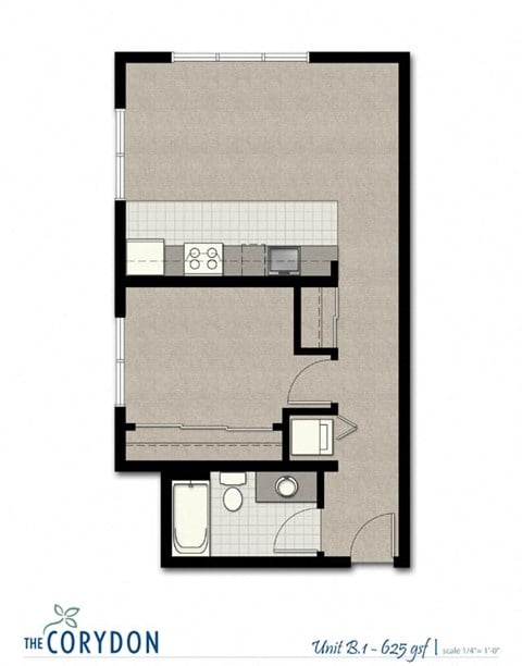 Floor plan for 1 bed, 1 bath, 625 sqft
