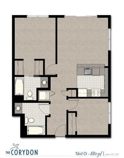 Floor plan for 2 beds, 2 baths, 880 sqft