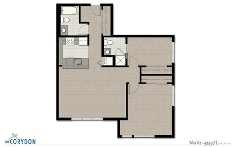 Floor plan for 2 beds, 2 baths, 953 sqft