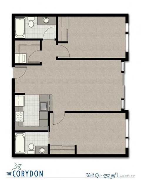 Floor plan for 2 beds, 2 baths, 937 sqft