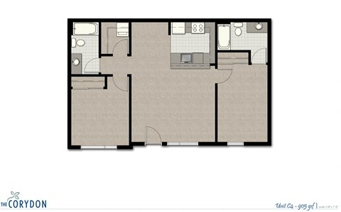 Floor plan for 2 beds, 2 baths, 905 sqft