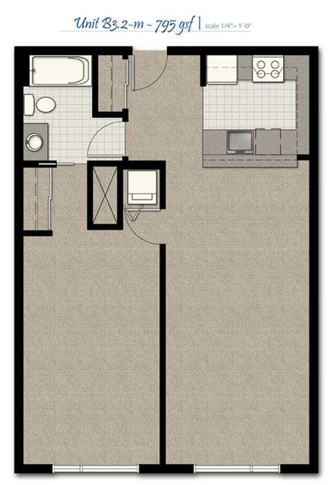 Floor plan for 1 bed, 1 bath, 795 sqft