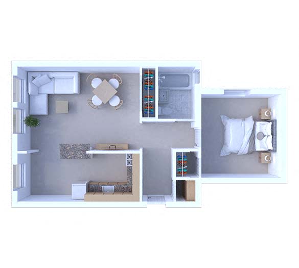 Floor plan for 1 bed, 1 bath, 600 sqft