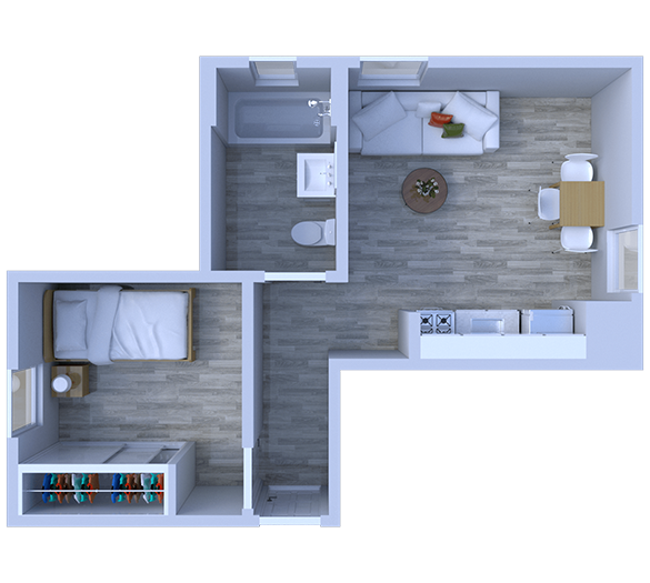 Floor plan for 1 bed, 1 bath, 300 sqft