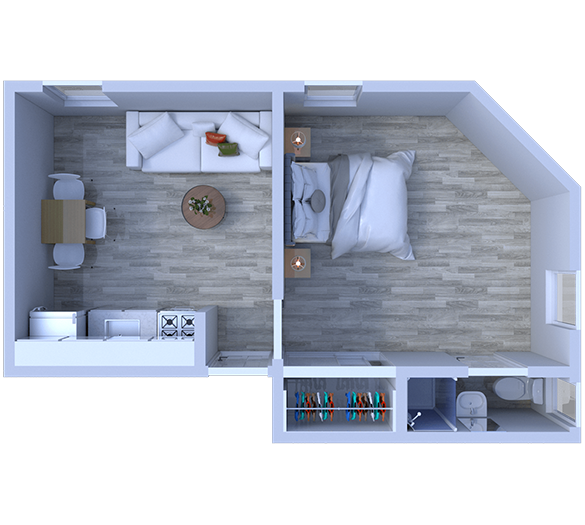 Floor plan for 1 bed, 1 bath, 345 sqft