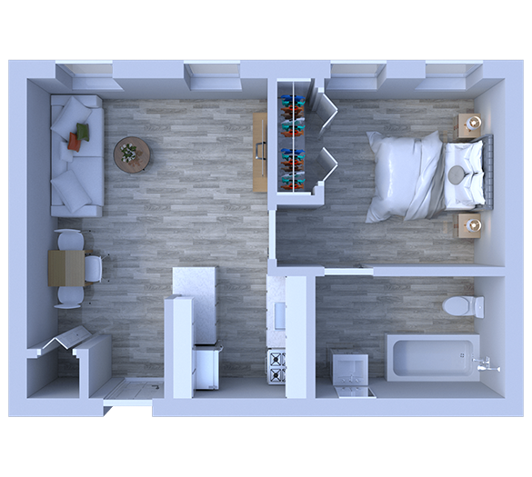 Floor plan for 1 bed, 1 bath, 375 sqft