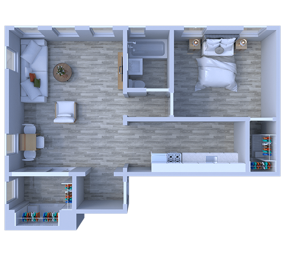 Floor plan for 1 bed, 1 bath, 570 sqft