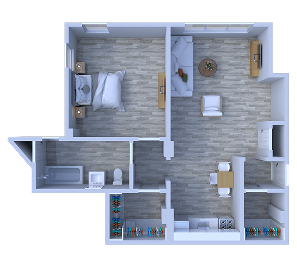 Floor plan for 1 bed, 1 bath, 595 sqft