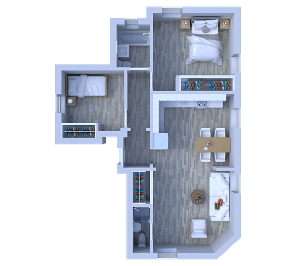 Floor plan for 2 beds, 1.5 baths, 770 sqft