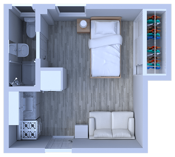 Floor plan for studio, 1 bath, 210 sqft