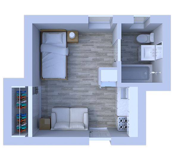 Floor plan for studio, 1 bath, 225 sqft