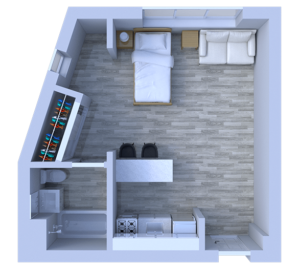 Floor plan for studio, 1 bath, 375 sqft