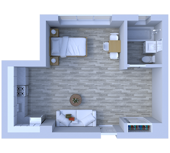 Floor plan for studio, 1 bath, 375 sqft