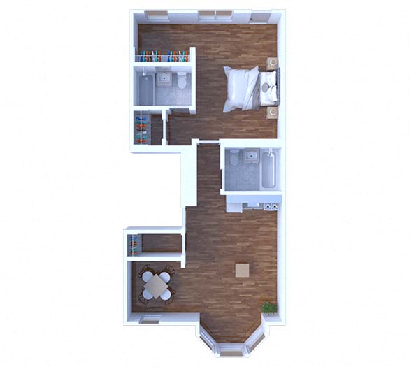 Floor plan for 1 bed, 1 bath, 665 sqft