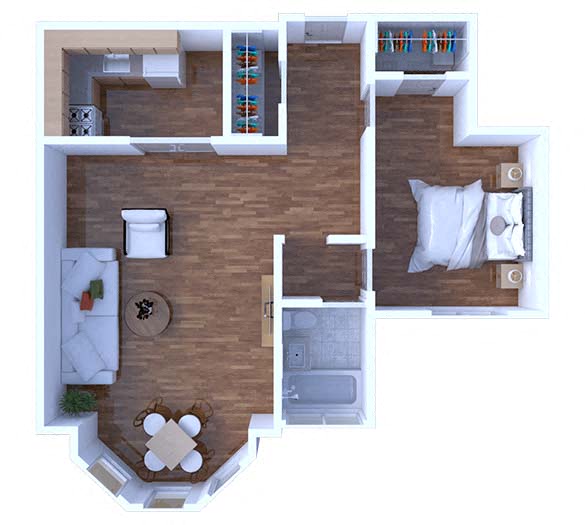 Floor plan for 1 bed, 1 bath, 655 sqft