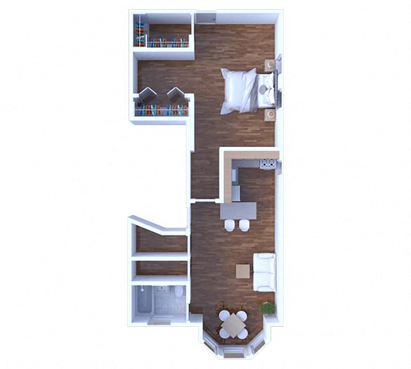 Floor plan for 1 bed, 1 bath, 635 sqft